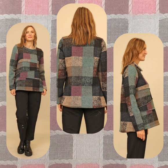 🏷️ talk of the walk • multicolor patchwork rolled mock neck tunic sweater - Picture 4 of 16
